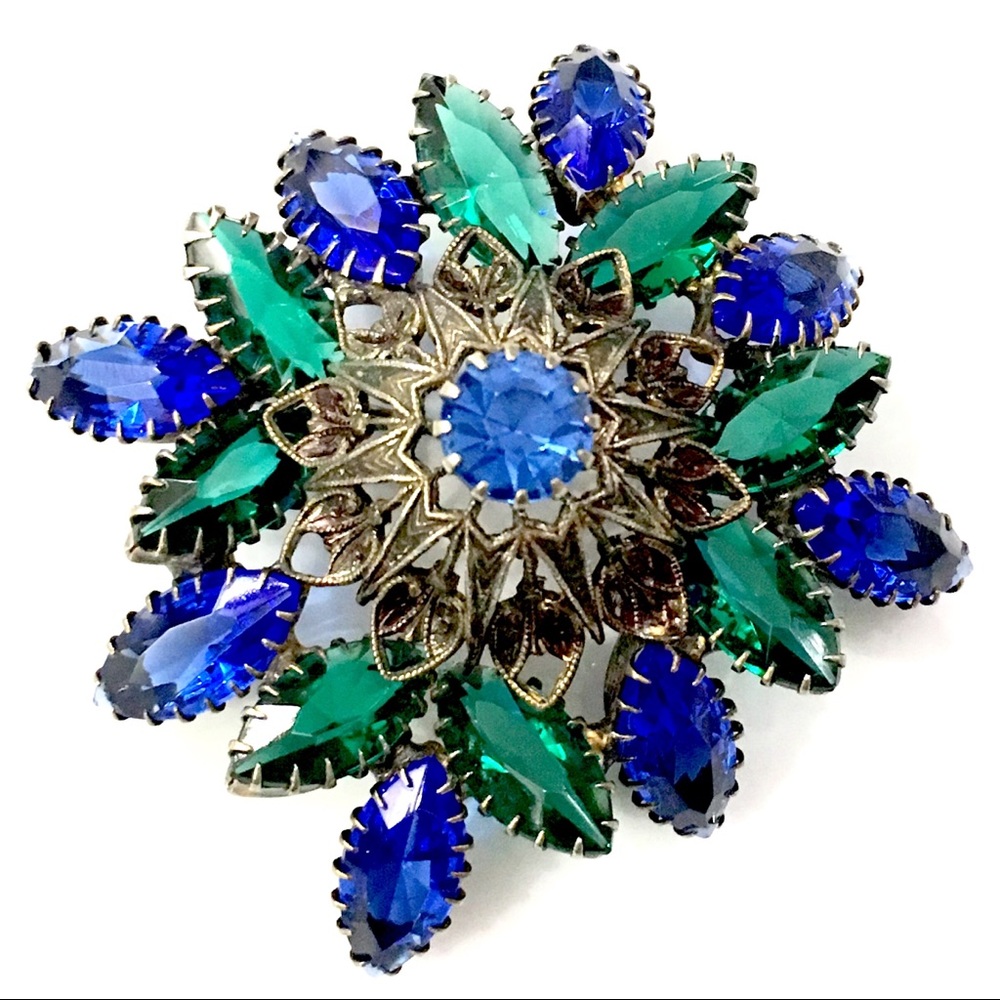 Blue Green Rhinestone Brooch
